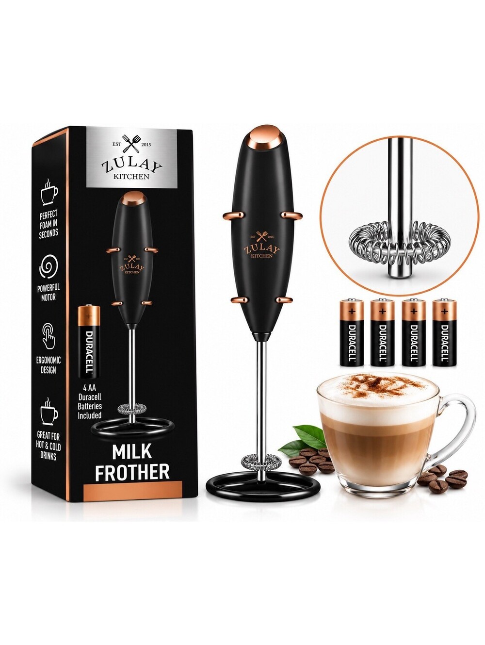 🖤🤎 Zulay Kitchen Milk Frother – Black & Copper – Black Stand Bat. Included